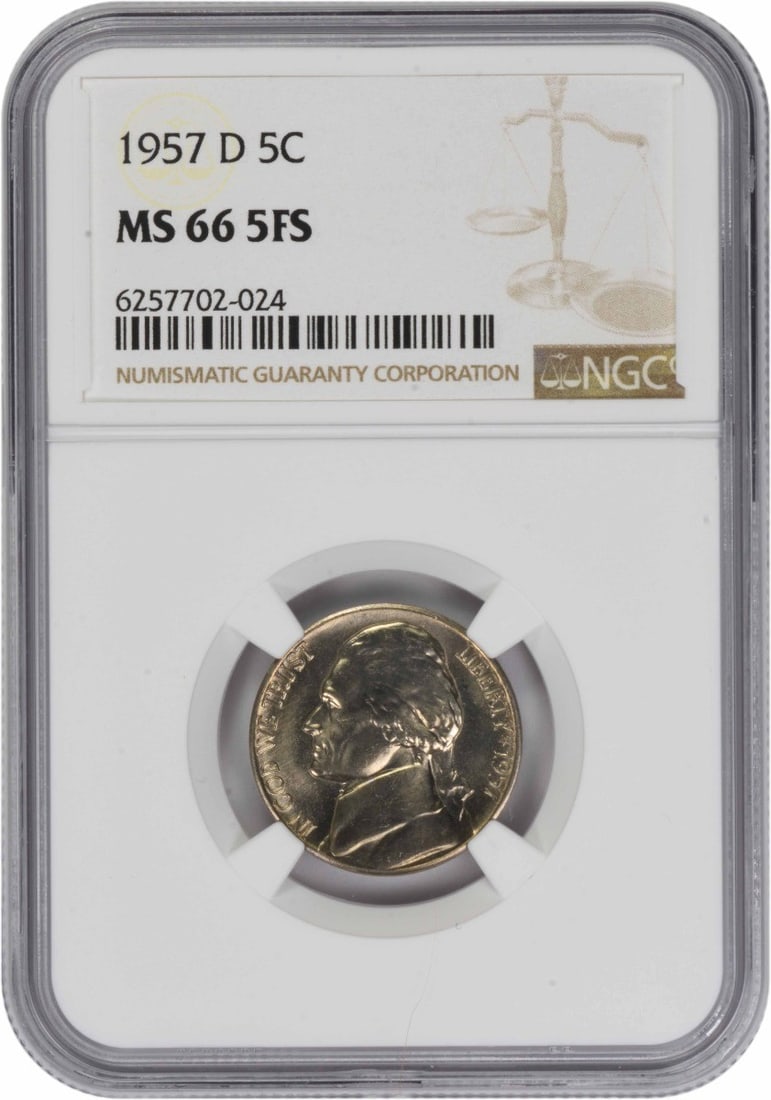 NGC MS66 1957 Denver Jefferson Nickel Five Full Steps: NGC MS66 1957 Denver Jefferson Nickel Five Full Steps This 1957-D Jefferson Nickel is graded MS66 with 5 Full Steps by NGC. Struck at the Denver Mint, this uncirculated coin features the classic Jeffe