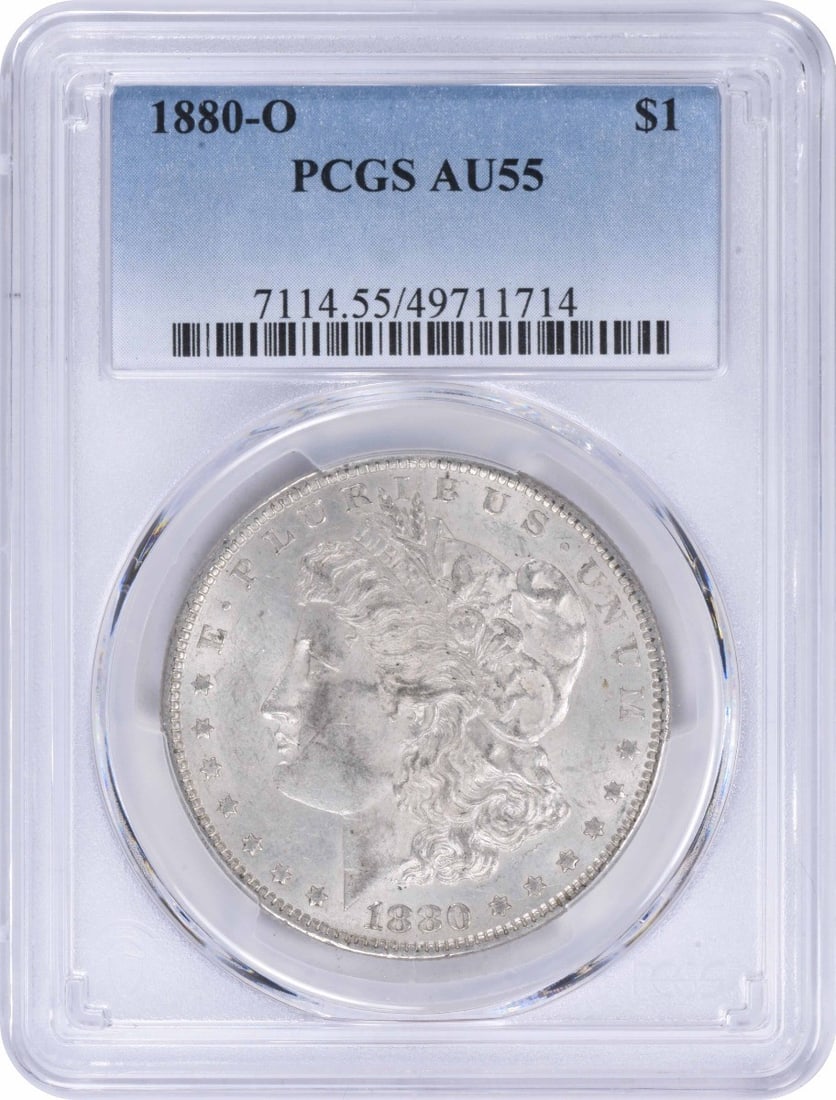 1880-O Morgan Silver Dollar AU55 PCGS Certified Coin: 1880-O Morgan Silver Dollar AU55 PCGS Certified Coin This 1880-O Morgan Silver Dollar is a stunning piece certified by PCGS with an AU55 grade. Struck in New Orleans, this coin features a classic desi