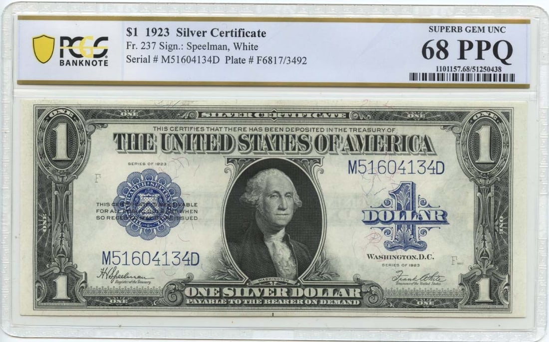 PCGS 68PPQ 1923 Silver Certificate Dollar FR237 Uncirculated US Banknote: PCGS 68PPQ 1923 Silver Certificate Dollar FR237 Uncirculated US Banknote This 1923 $1 Silver Certificate (FR#237) is a remarkable piece for collectors. Graded as a Superb Gem 68PPQ by PCGS Banknote, i