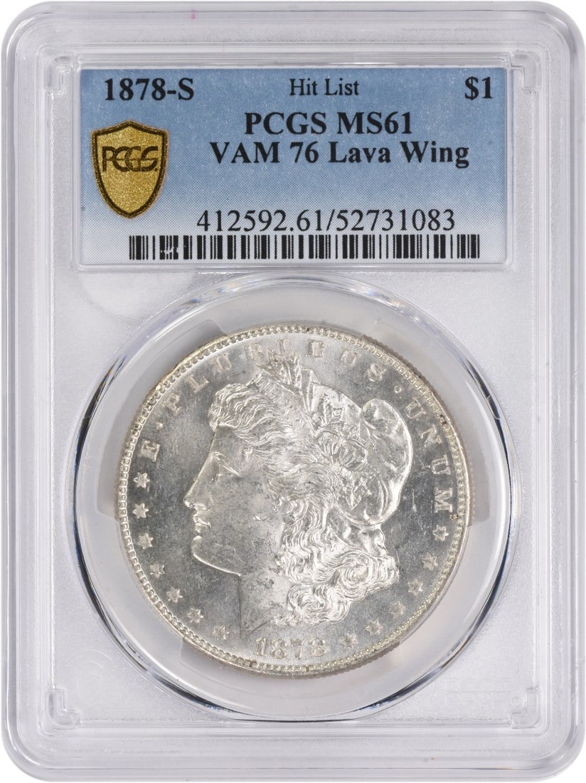 1878-S Morgan Silver Dollar VAM 76 MS61 PCGS Uncirculated: 1878-S Morgan Silver Dollar VAM 76 MS61 PCGS Uncirculated This 1878-S VAM 76 Morgan Silver Dollar is a remarkable example of American numismatic history. Graded MS61 by PCGS, this uncirculated coin sh