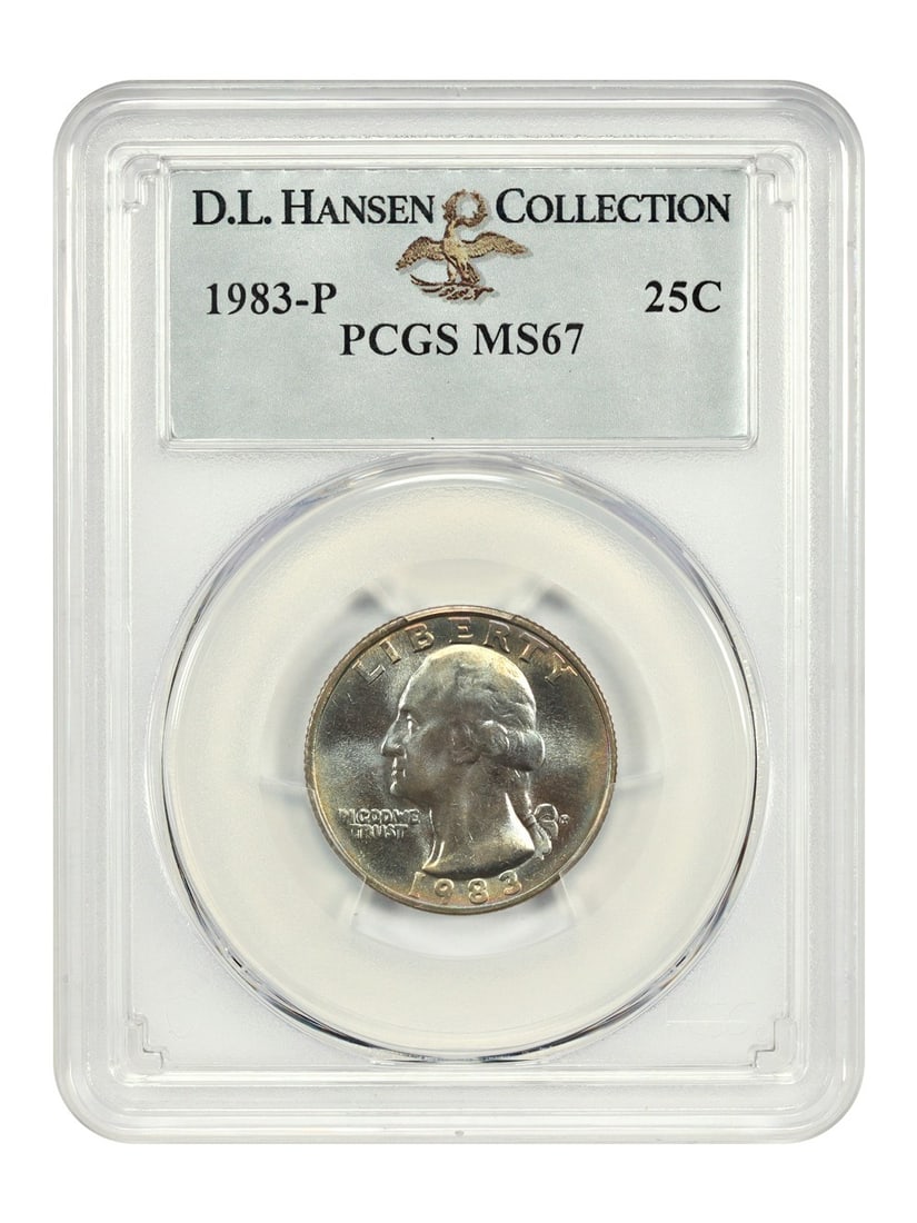 PCGS MS67 1983-P Washington Quarter ex D.L. Hansen 25C: PCGS MS67 1983-P Washington Quarter ex D.L. Hansen 25C 1983-P Washington Quarter graded PCGS MS67. This uncirculated coin is from the Philadelphia mint and is identified as ex: D.L. Hansen. PCGS has g