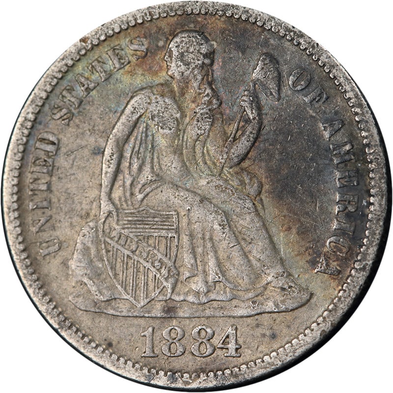 1884 San Francisco Seated Liberty Dime Silver VF XF Details: 1884 San Francisco Seated Liberty Dime Silver VF XF Details This 1884-S Seated Liberty Dime features a well-struck design with decent eye appeal and attractive color. The coin is circulated and displa