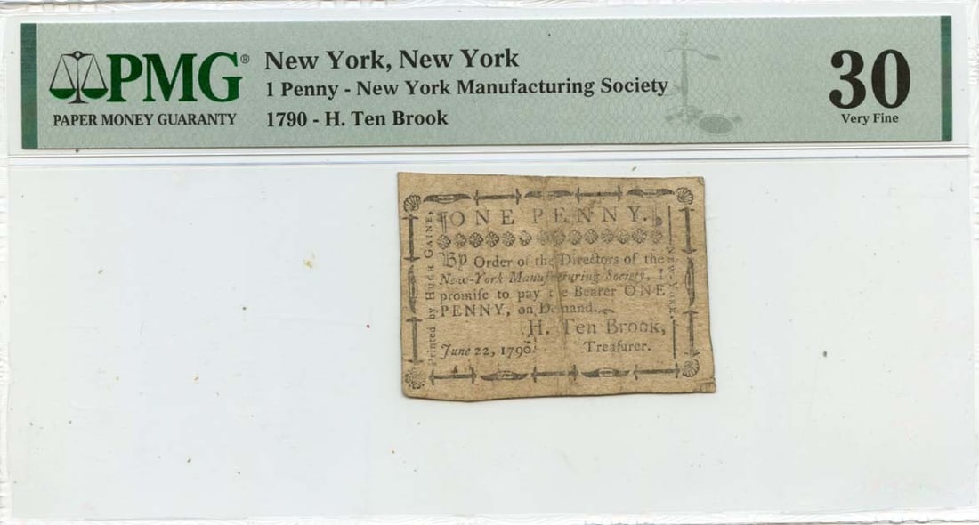 Rare 1790 One Penny Manufacturing Society Colonial Note PMG VF30: Rare 1790 One Penny Manufacturing Society Colonial Note PMG VF30 This 1790 one penny New York Colonial note was issued by the Manufacturing Society. Certified by PMG with a VF30 grade, this rare piece