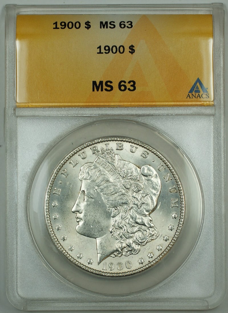 1900 Philadelphia Morgan Dollar Silver Coin ANACS MS-63 Certified Uncirculated: 1900 Philadelphia Morgan Dollar Silver Coin ANACS MS-63 Certified Uncirculated This is a 1900 Morgan Silver Dollar coin certified by ANACS with a grade of MS-63. Minted in Philadelphia, this uncircula