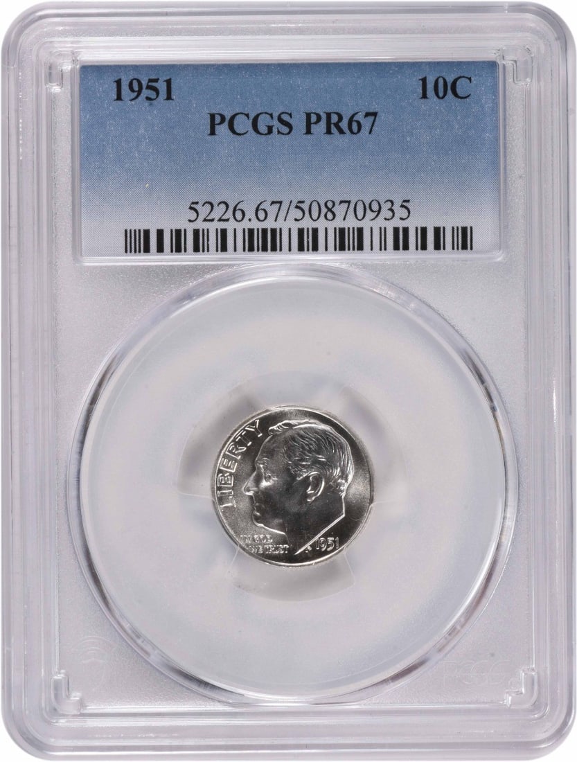 PCGS PR67 1951 Silver Roosevelt Dime Proof: PCGS PR67 1951 Silver Roosevelt Dime Proof This is a 1951 Roosevelt Dime, struck in silver and graded PR67 by PCGS. It is a proof coin in uncirculated condition, with no mint mark. This collectible co