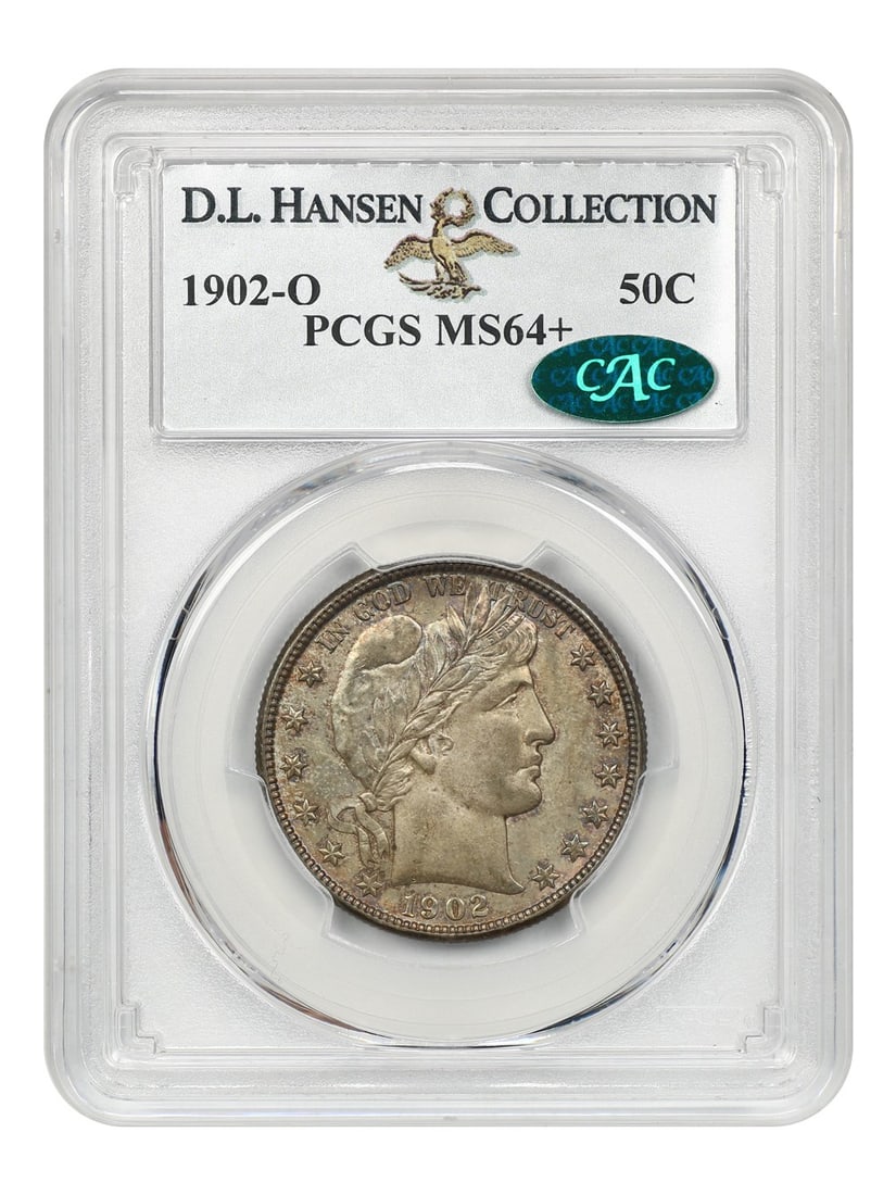 Barber Half Dollar 1902 O 50C PCGS CAC MS64+ ex D.L. Hansen: Barber Half Dollar 1902 O 50C PCGS CAC MS64+ ex D.L. Hansen 1902-O Barber Half Dollar graded PCGS MS64+ with CAC approval and certification number 32547403. This uncirculated coin shows natural luster