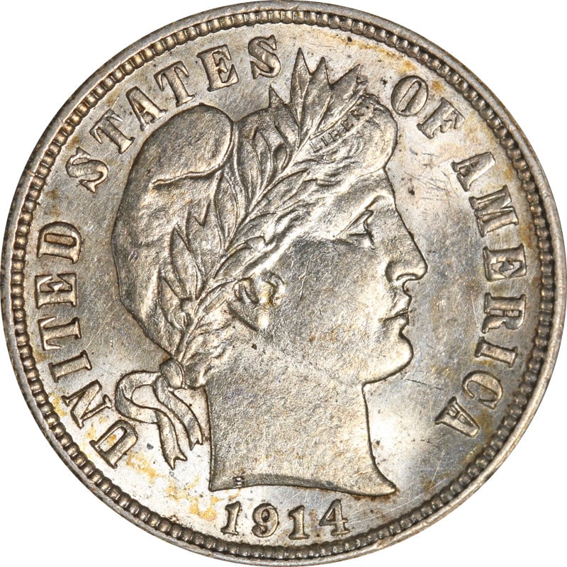 1914 Denver Mint Silver Barber Dime United States: 1914 Denver Mint Silver Barber Dime United States This is a 1914-D Barber Dime from the United States, composed of 90% silver. The coin is circulated and in pre-owned condition. It was minted in Denve