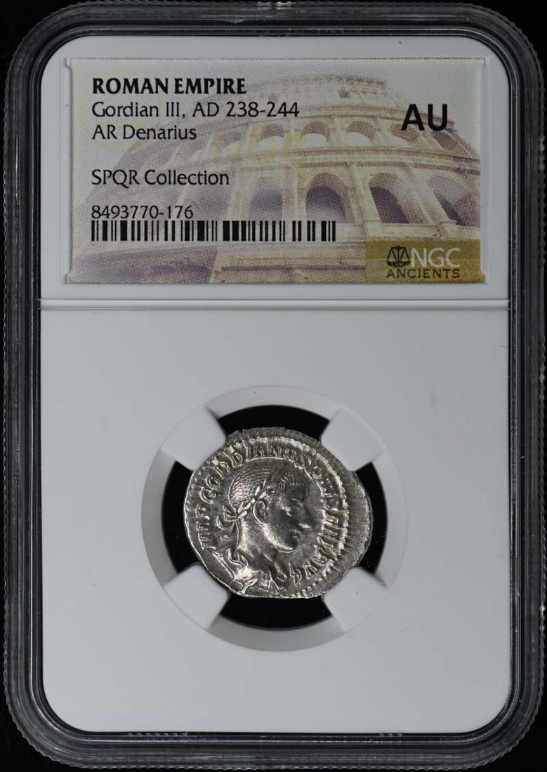 Roman Denarius Silver Coin Gordian III NGC AU50 Certified: Roman Denarius Silver Coin Gordian III NGC AU50 Certified This is a Roman Empire AR Denarius coin from the reign of Gordian III, dating to AD 238-244. The coin has been certified by NGC with an AU (Ab