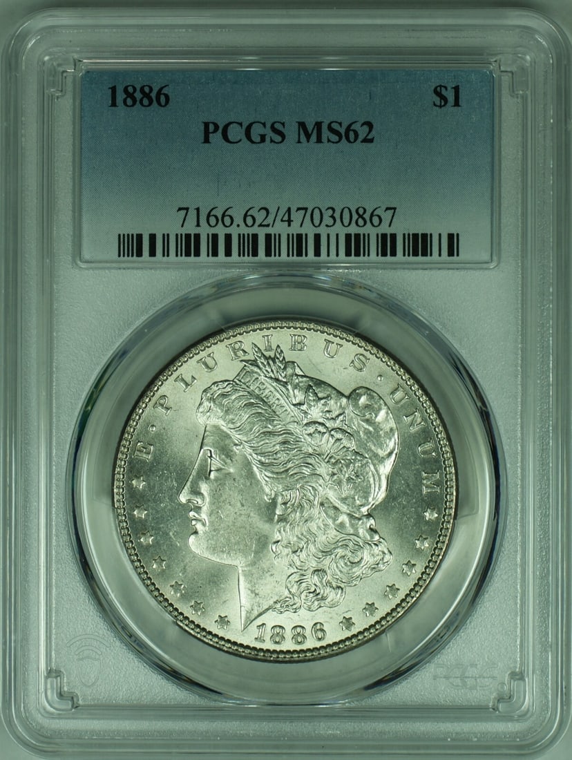 PCGS MS-62 1886 Morgan Silver Dollar from Philadelphia Mint: PCGS MS-62 1886 Morgan Silver Dollar from Philadelphia Mint This is an 1886 Morgan Silver Dollar coin graded MS-62 by PCGS. Struck in Philadelphia, this uncirculated coin is composed of 90% silver. It