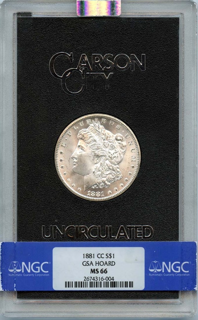 NGC MS66 1881 Carson City Morgan Silver Dollar GSA Hoard: NGC MS66 1881 Carson City Morgan Silver Dollar GSA Hoard This 1881-CC Morgan Dollar is part of the GSA Hoard and has been certified by NGC with a grade of MS66. Minted in Carson City, this uncirculate