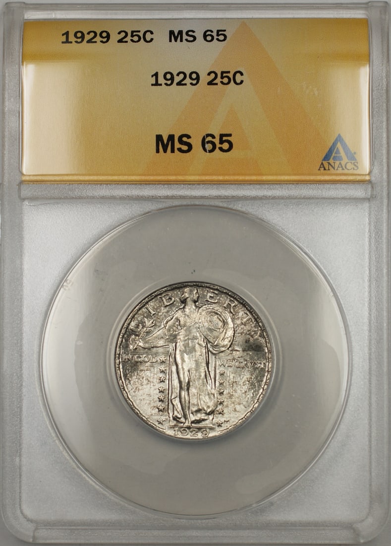 1929 ANACS MS-65 Standing Liberty 25C Silver Quarter Coin: 1929 ANACS MS-65 Standing Liberty 25C Silver Quarter Coin This 1929 Standing Liberty Quarter features a silver composition and is graded MS-65 by ANACS. The coin originates from the United States and 