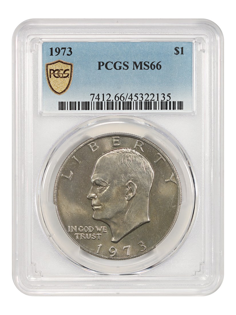 1973 PCGS MS66 Eisenhower Dollar $1 Philadelphia: 1973 PCGS MS66 Eisenhower Dollar $1 Philadelphia 1973 $1 Ike Dollar graded MS66 by PCGS. This uncirculated coin was struck at the Philadelphia Mint and is certified by PCGS with certification number 4