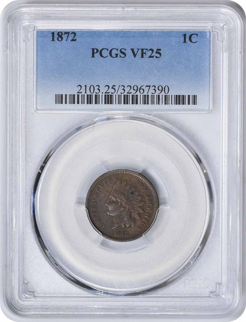 PCGS VF25 1872 Indian Head Copper Small Cent: PCGS VF25 1872 Indian Head Copper Small Cent This is an 1872 Indian Head Cent graded VF25 by PCGS. The coin is circulated and made of copper, featuring the classic Indian Head design. It was struck in
