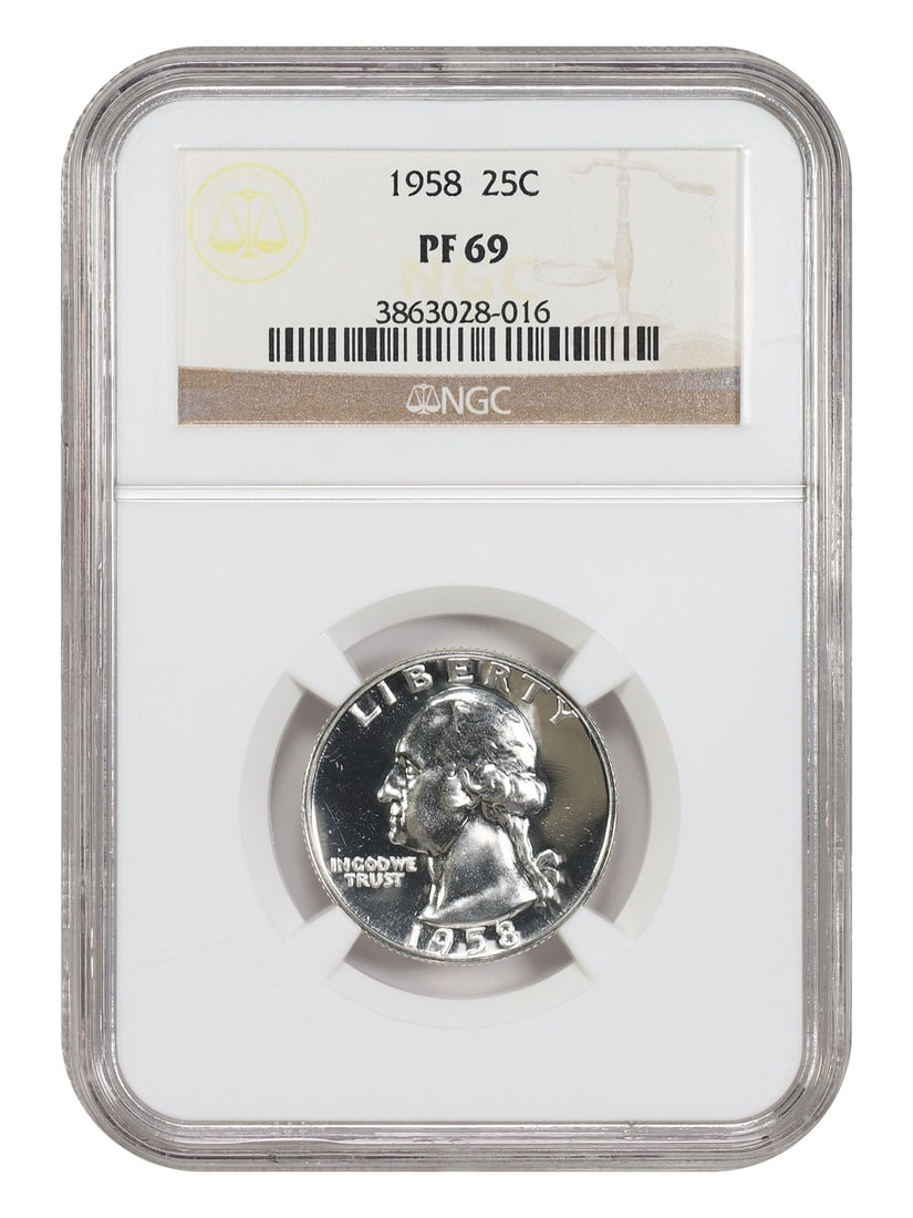 NGC PR69 1958 Washington Quarter 25C Philadelphia: NGC PR69 1958 Washington Quarter 25C Philadelphia A 1958 Washington Quarter with a 25C denomination, struck at the Philadelphia Mint and certified by NGC. The coin is pre-owned and graded PR69. Specif