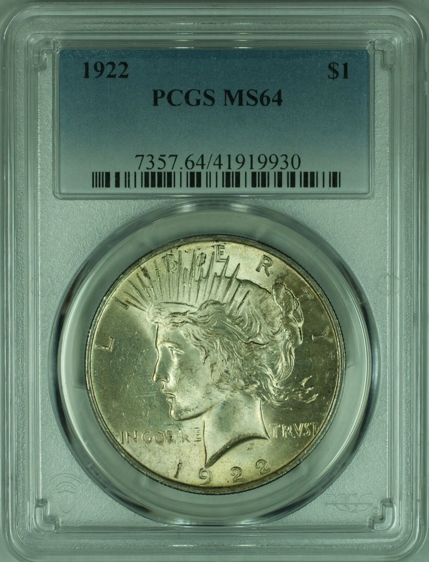 PCGS MS-64 1922 Peace Dollar Silver Coin Lightly Toned: PCGS MS-64 1922 Peace Dollar Silver Coin Lightly Toned This 1922 Peace Silver Dollar features a lightly toned appearance and has been graded MS-64 by PCGS. Struck at the Philadelphia Mint, the coin is