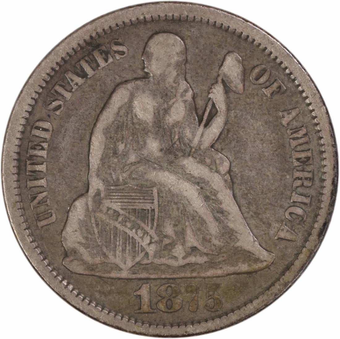 Carson City 1875 Seated Liberty Dime VF Grade Uncertified Silver Coin: Carson City 1875 Seated Liberty Dime VF Grade Uncertified Silver Coin This 1875-CC Liberty Seated Silver Dime features the 'Above Bow' variety and was minted in Carson City. The coin is circulated and
