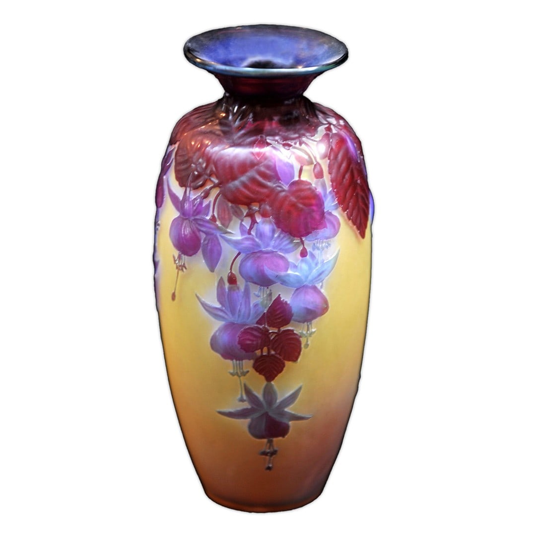 Emile Galle Art Glass Floral Vase from France: Emile Galle Art Glass Floral Vase from France This Emile Galle blown glass vase features a beautiful floral pattern with fuchsia flowers, crafted in France around 1900. The vase displays striking ambe