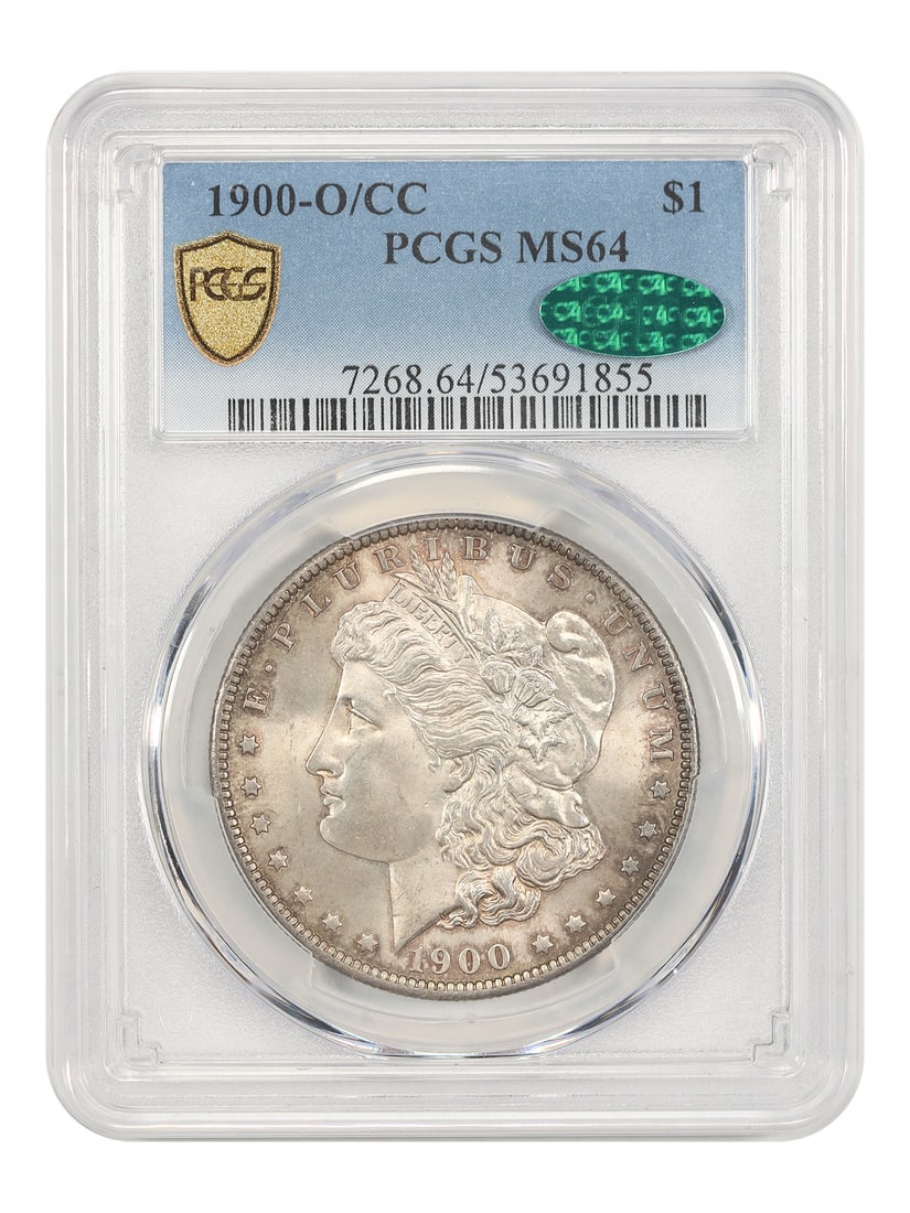 PCGS CAC 1900 O CC Morgan Dollar MS64 $1 Variety: PCGS CAC 1900 O CC Morgan Dollar MS64 $1 Variety 1900-O/CC Morgan Dollar variety, certified by PCGS and graded MS64 with CAC approval. This uncirculated $1 coin is identified as the 1900-O/CC, with th