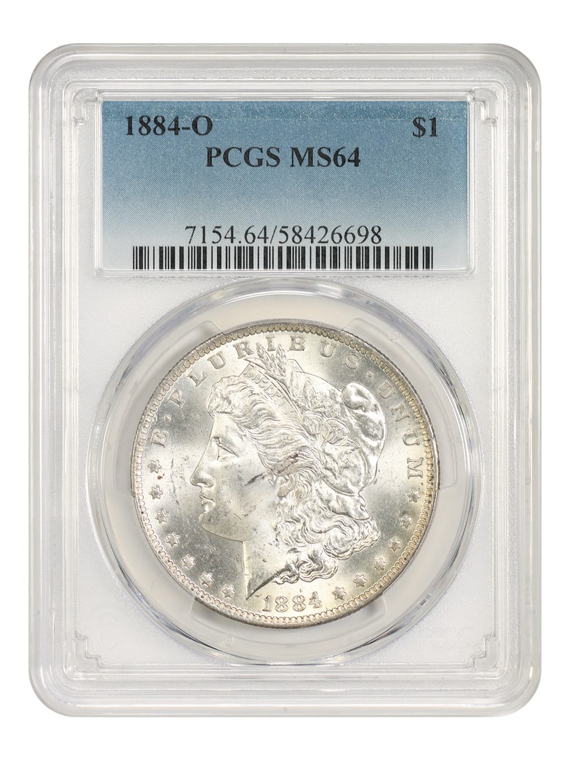 PCGS MS64 1884 O Morgan Dollar $1 New Orleans Mint: PCGS MS64 1884 O Morgan Dollar $1 New Orleans Mint 1884-O Morgan Dollar certified by PCGS and graded MS64. This uncirculated $1 coin was struck at the New Orleans Mint and is identified by certificati