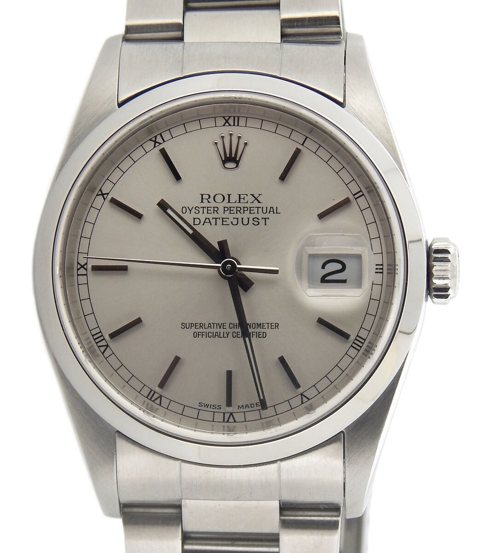Rolex Datejust 36 Jubilee Silver Stick Dial Ref 16200 Papers 2000: Rolex Datejust 36 Jubilee Silver Stick Dial Ref 16200 Papers 2000 This Rolex Datejust 36 features a silver stick dial, smooth bezel, and is paired with a classic Jubilee bracelet. The watch is identif