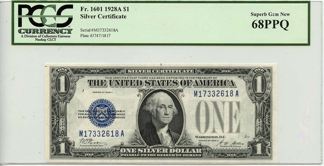 1928A $1 Silver Certificate Blue Woods Mellon PCGS GEM 68 PPQ: 1928A $1 Silver Certificate Blue Woods Mellon PCGS GEM 68 PPQ This 1928A $1 Silver Certificate, designated as Fr# 1601, is a remarkable piece certified by PCGS Currency with a grade of MS68, showcasin