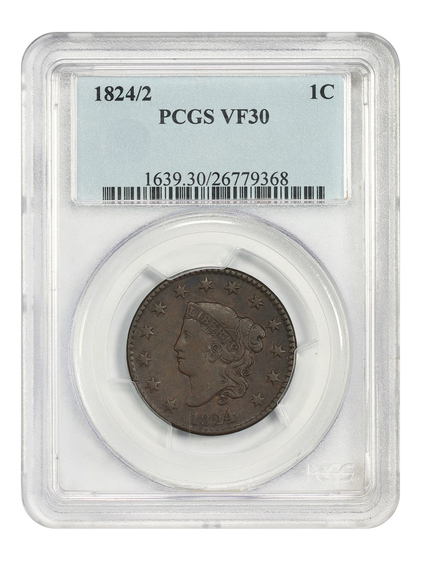 PCGS VF30 1824 2 Overdate 1C Coronet Head Cent: PCGS VF30 1824 2 Overdate 1C Coronet Head Cent 1824/2 Coronet Head Cent, denomination 1C, graded VF30 by PCGS. The coin is described as having an even, dark chocolate color throughout with minimal dis