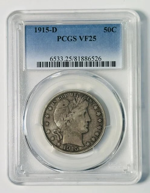 PCGS VF-25 1915-D Barber Half Dollar Silver 50C: PCGS VF-25 1915-D Barber Half Dollar Silver 50C 1915-D Barber Half Dollar certified by PCGS and graded VF-25. This pre-owned silver coin was struck in 1915 at the Denver mint in the USA and carries th
