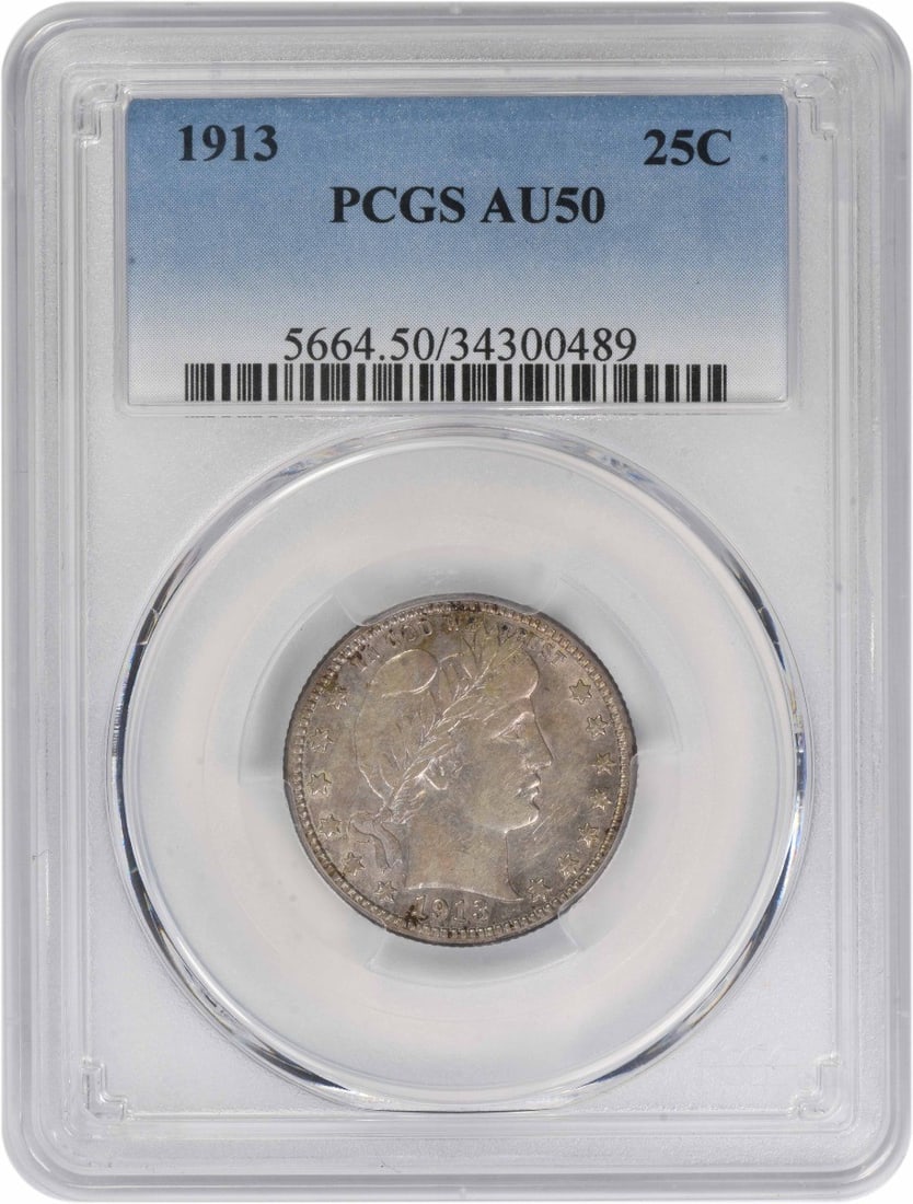 1913 AU50 PCGS Barber Quarter 90 Percent Silver Philadelphia Issue: 1913 AU50 PCGS Barber Quarter 90 Percent Silver Philadelphia Issue This 1913 Barber Silver Quarter, designed by Charles E. Barber, was minted in Philadelphia and certified by PCGS with an AU50 grade. 
