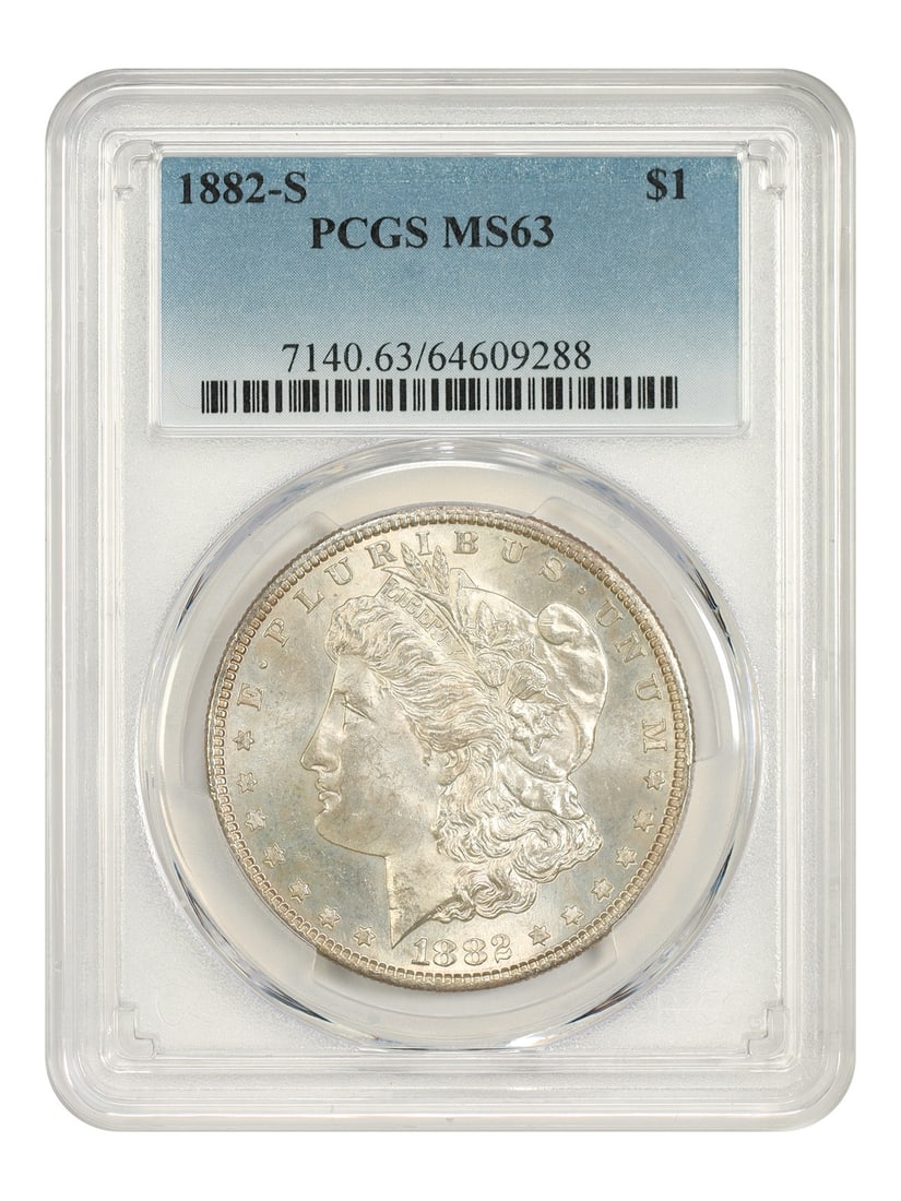 PCGS MS63 1882-S Morgan Dollar $1 San Francisco Mint: PCGS MS63 1882-S Morgan Dollar $1 San Francisco Mint An 1882-S Morgan Dollar graded MS63 by PCGS. This uncirculated $1 coin is from the San Francisco Mint and is identified as a popular collector date