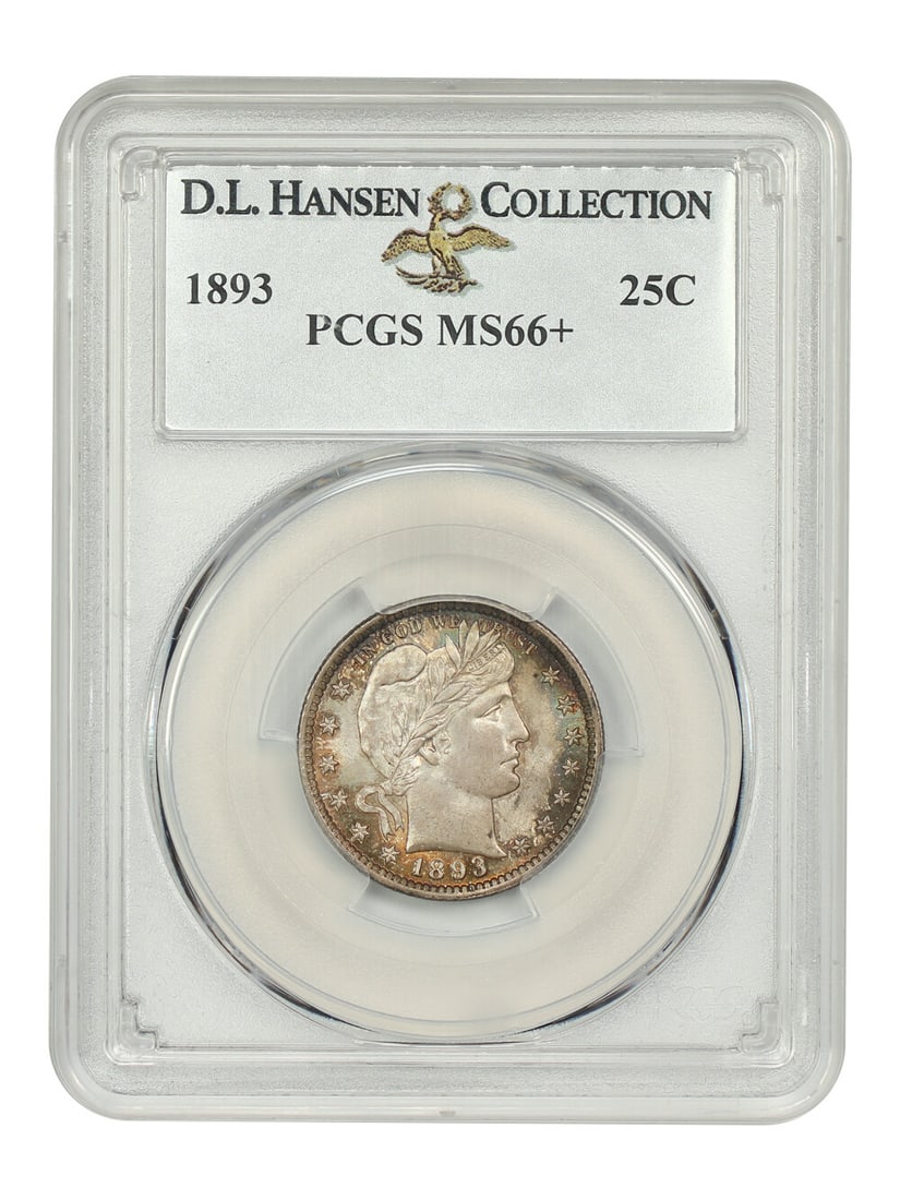 PCGS MS66+ 1893 Barber Quarter 25C ex D.L. Hansen: PCGS MS66+ 1893 Barber Quarter 25C ex D.L. Hansen An 1893 Barber Quarter certified by PCGS and graded MS66+. This Philadelphia Mint issue is described as uncirculated and presents frosted, satin-like 