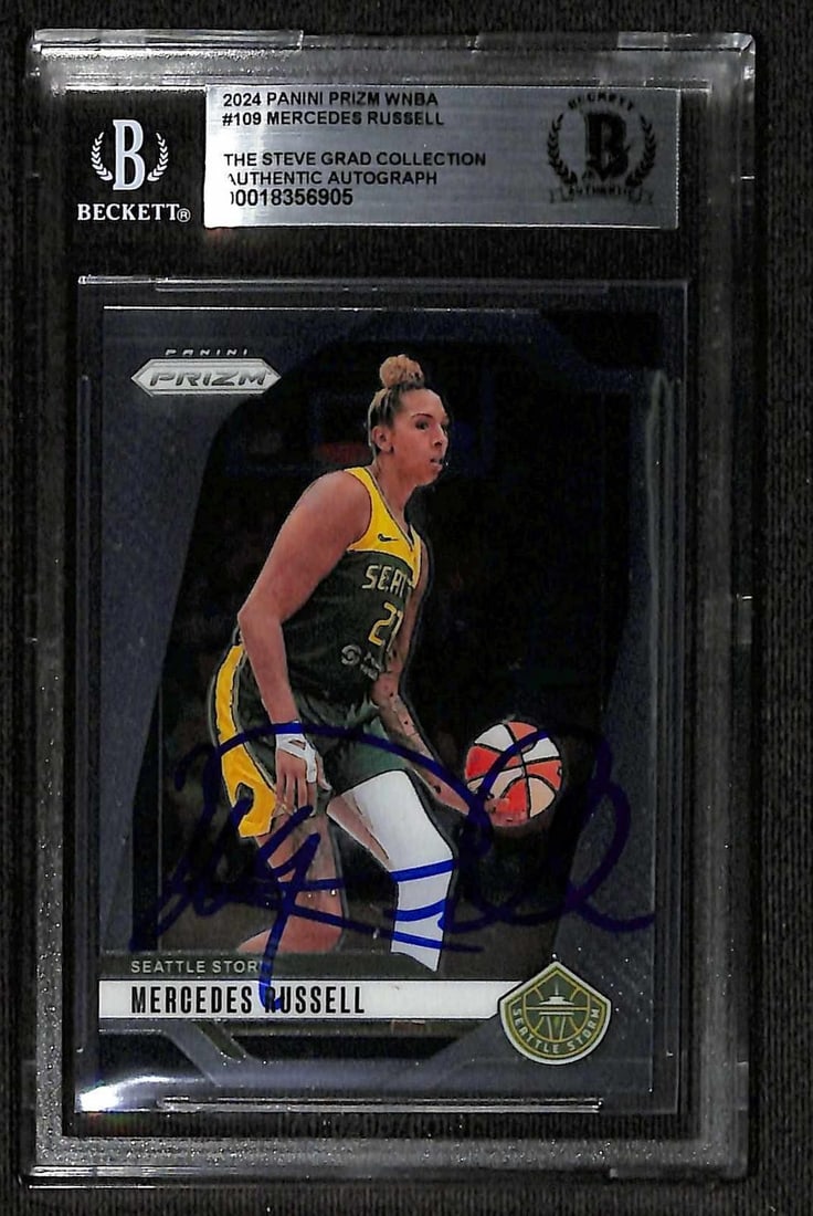 Beckett Certified Mercedes Russell 2024 Panini Prizm WNBA Autograph Card: Beckett Certified Mercedes Russell 2024 Panini Prizm WNBA Autograph Card This is a Mercedes Russell signed 2024 Panini Prizm WNBA trading card, authenticated and encapsulated by Beckett Authentication