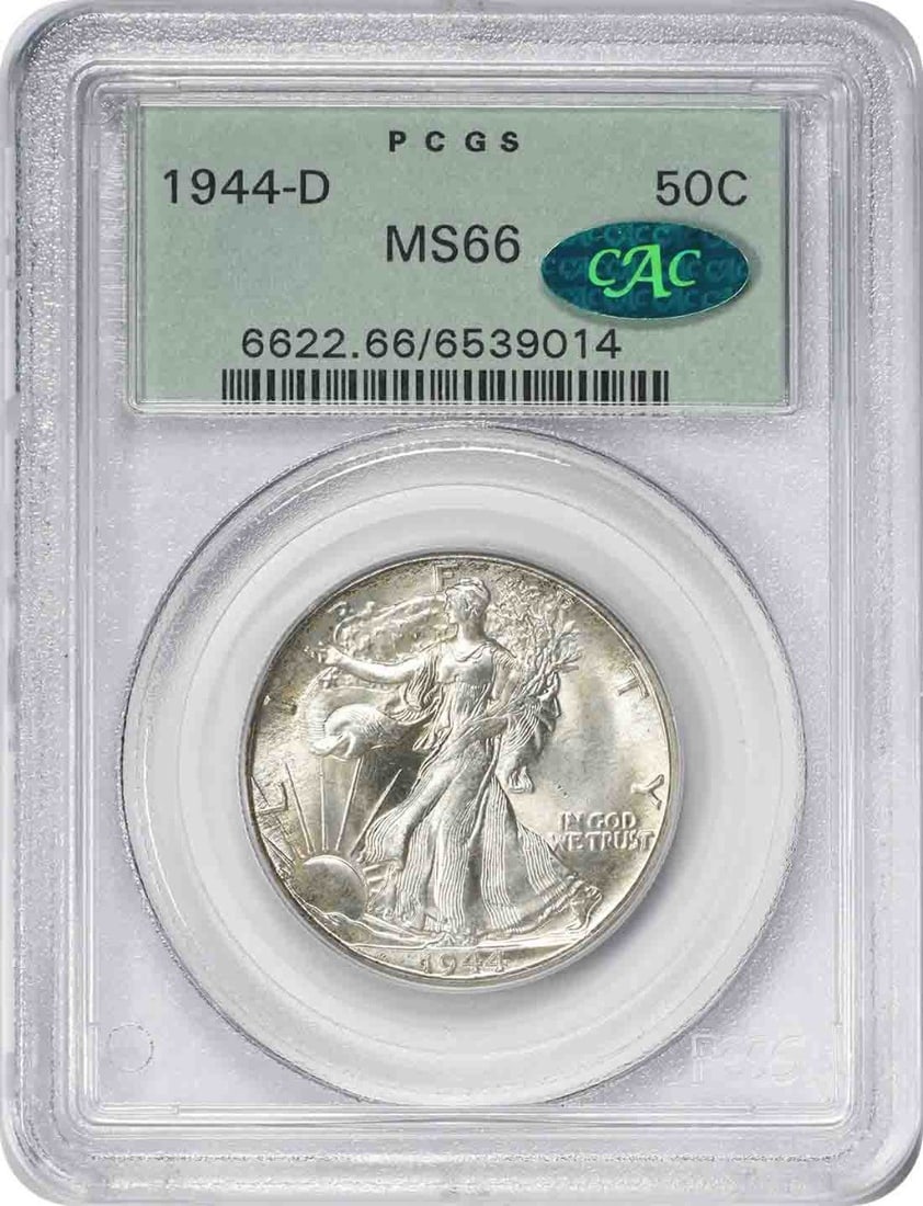 PCGS MS66 CAC 1944 Denver Liberty Walking 50C Silver Half Dollar OGH: PCGS MS66 CAC 1944 Denver Liberty Walking 50C Silver Half Dollar OGH This 1944-D Walking Liberty Half Dollar is a United States coin minted in Denver. Graded MS66 by PCGS and housed in an OGH (Old Gre