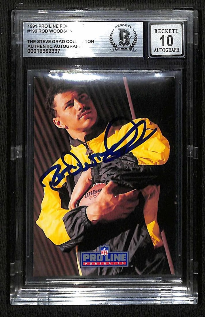 1991 Pro Line Portraits Rod Woodson autographed Beckett graded 10 card: 1991 Pro Line Portraits Rod Woodson autographed Beckett graded 10 card This 1991 Pro Line Portraits football card features Hall of Fame defensive back Rod Woodson and is hand-signed in bold blue ink. 
