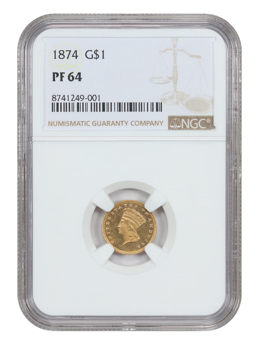 NGC PR64 1874 G$1 Proof Gold Dollar Philadelphia: NGC PR64 1874 G$1 Proof Gold Dollar Philadelphia 1874 Gold Dollar graded PR64 by NGC, struck at the Philadelphia Mint. This uncirculated proof example is certified by NGC with certification number 874
