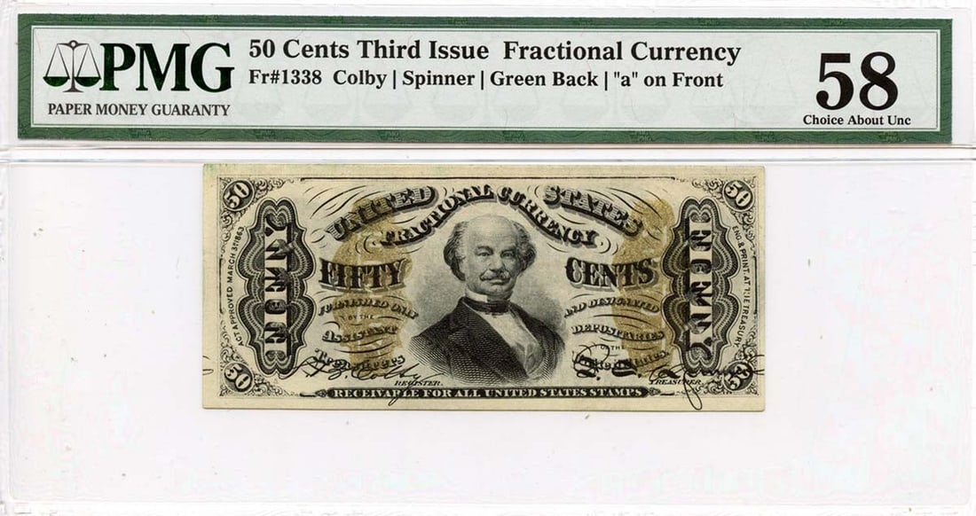 Third Issue 50 Cents Fractional Note Fr#1338 PMG AU58: Third Issue 50 Cents Fractional Note Fr#1338 PMG AU58 This is a Third Issue 50 Cents Fractional Green Back note, cataloged as Fr#1338. Certified by PMG with a certification number of 2509874005, it is