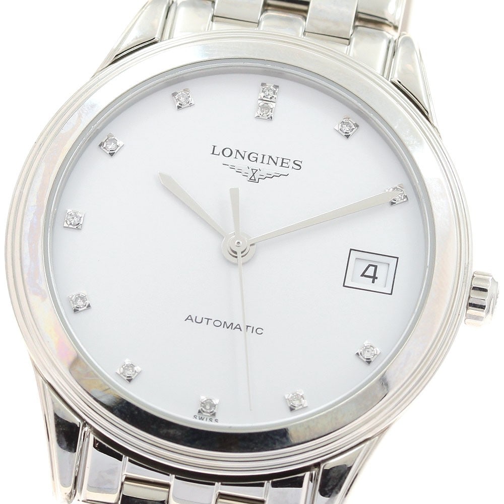 Longines Flagship Date Automatic Men's Stainless Steel Watch: Longines Flagship Date Automatic Men's Stainless Steel Watch This Longines Flagship Date L4.774.4 wristwatch is designed for men and features a refined white dial set with 12 diamond hour markers. Cra