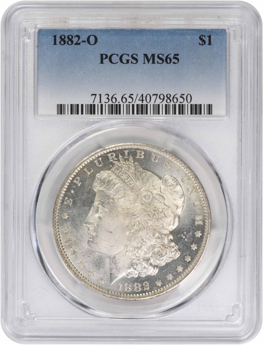 PCGS MS65 1882-O Dollar Morgan Series 90 Percent Silver Coin: PCGS MS65 1882-O Dollar Morgan Series 90 Percent Silver Coin This 1882-O Morgan Silver Dollar is graded MS65 by PCGS and remains uncirculated. Minted in New Orleans, the coin is composed of 90% silver