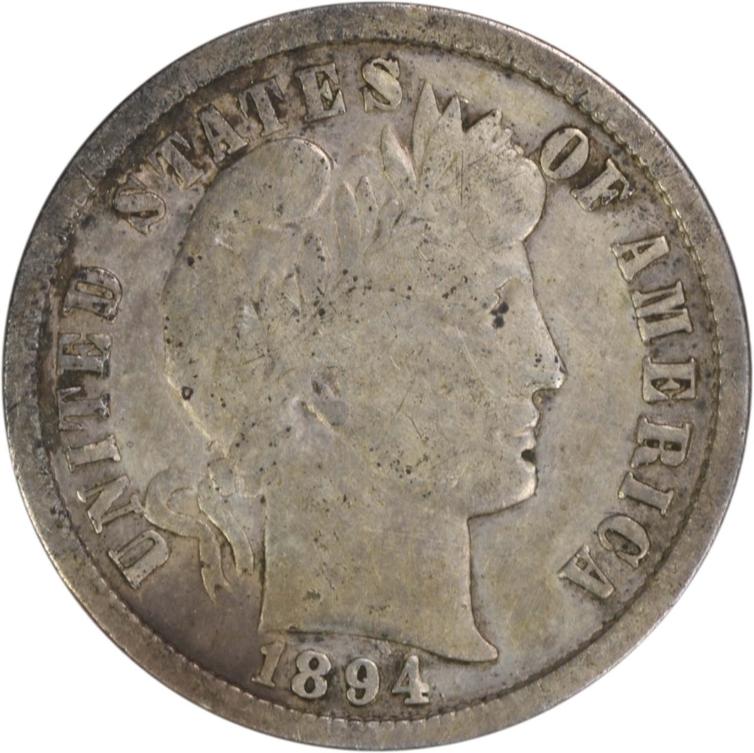 1894 Philadelphia Barber Dime 90 Percent Silver Fine Grade Uncertified: 1894 Philadelphia Barber Dime 90 Percent Silver Fine Grade Uncertified This is an 1894 Barber Silver Dime from the United States, minted in Philadelphia. The coin is circulated and uncertified, featur