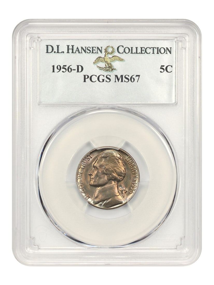 Jefferson Nickel 1956-D 5C PCGS MS67 ex D.L. Hansen: Jefferson Nickel 1956-D 5C PCGS MS67 ex D.L. Hansen This 1956-D Jefferson Nickel is graded PCGS MS67 and comes certified by PCGS. It is an uncirculated example with dynamic luster and deep golden-oran