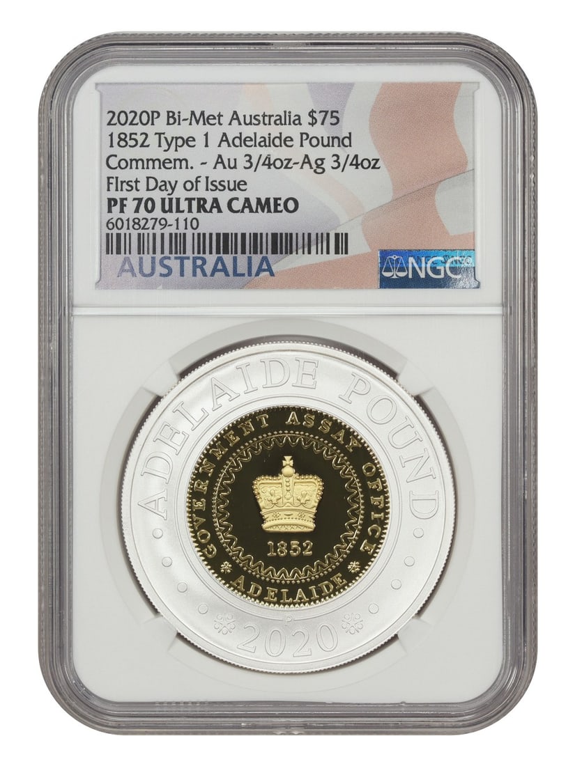 2020 Australia $75 Bi-Metal Adelaide Pound Type 1 NGC PR70DCAM: 2020 Australia $75 Bi-Metal Adelaide Pound Type 1 NGC PR70DCAM Australia 2020 $75 Bi-Met Adelaide Pound, graded NGC PR70DCAM (Type 1). The coin is listed as pre-owned and identified as a world coin. S
