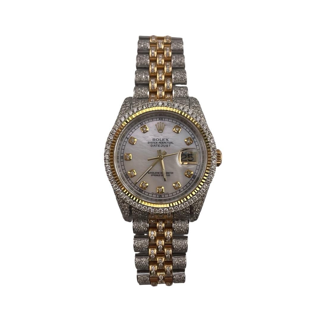 Rolex Datejust 116233 Mens Watch Diamond Bezel Jubilee Bracelet: Rolex Datejust 116233 Mens Watch Diamond Bezel Jubilee Bracelet This men's Rolex Datejust features an aftermarket mother of pearl dial and a diamond bezel, complemented by a Jubilee bracelet. The watc