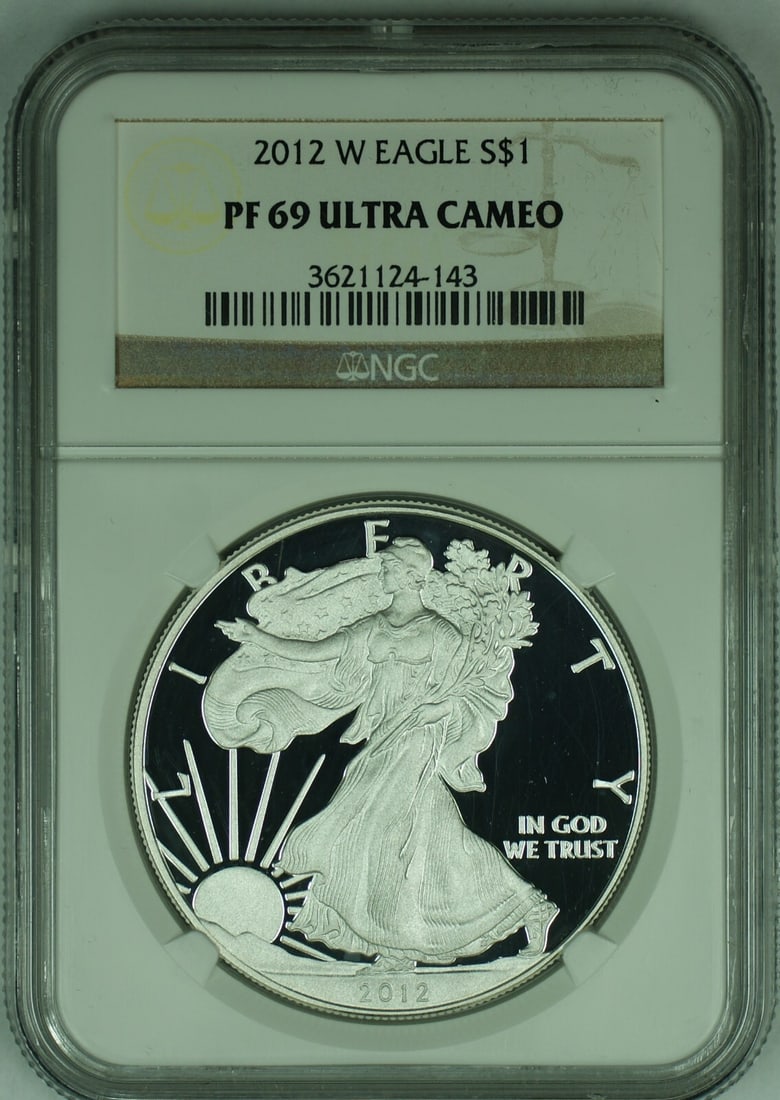 2012-W Silver Eagle Proof Dollar NGC PR 69 Ultra Cameo Certified Coin: 2012-W Silver Eagle Proof Dollar NGC PR 69 Ultra Cameo Certified Coin This 2012-W American Proof Silver Eagle features a $1 denomination and is graded NGC PF 69 Ultra Cameo. The coin is uncirculated a