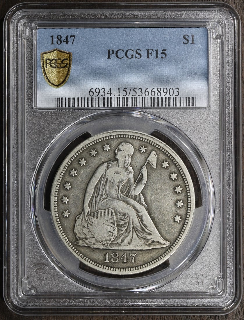 PCGS 1847 Seated Liberty Silver Dollar $1 No Motto: PCGS 1847 Seated Liberty Silver Dollar $1 No Motto 1847 Seated Liberty Dollar $1 in pre-owned condition. This silver coin has a 0.9 fineness and is identified as the No Motto variety. Minted in Philad