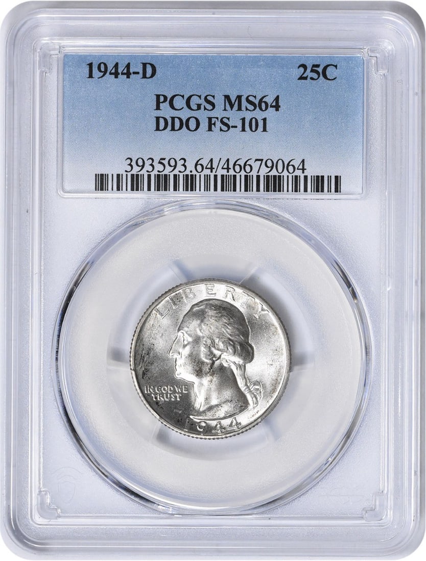 PCGS MS64 1944-D Washington Quarter DDO FS-101 Silver: PCGS MS64 1944-D Washington Quarter DDO FS-101 Silver This is a 1944-D Washington Quarter, featuring the Doubled Die Obverse (FS-101) variety. Struck at the Denver Mint, this coin is composed of 90% s