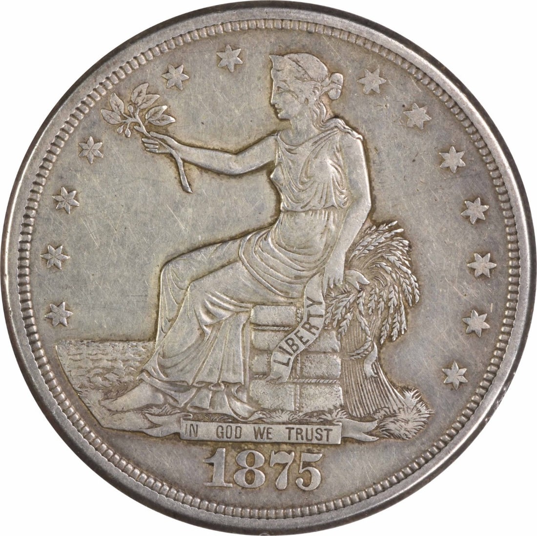 1875 San Francisco Trade Dollar EF Uncertified Silver $1: 1875 San Francisco Trade Dollar EF Uncertified Silver $1 An 1875-S Trade Silver Dollar in EF grade, uncertified and circulated. This United States coin has a $1 denomination, was designed by William B
