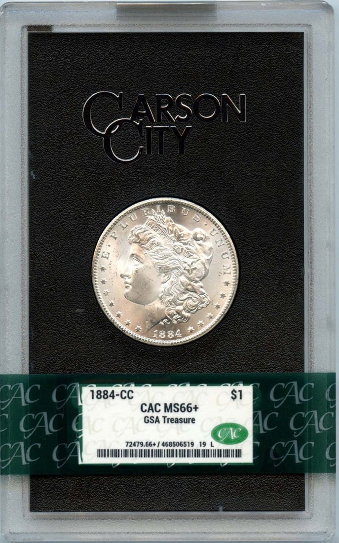 1884 Carson City Morgan Dollar GSA Hoard CACG MS66 Plus Certified: 1884 Carson City Morgan Dollar GSA Hoard CACG MS66 Plus Certified This 1884-CC Morgan Dollar is part of the GSA Hoard and has been certified by CACG with a grade of MS66+. It is uncirculated and was s