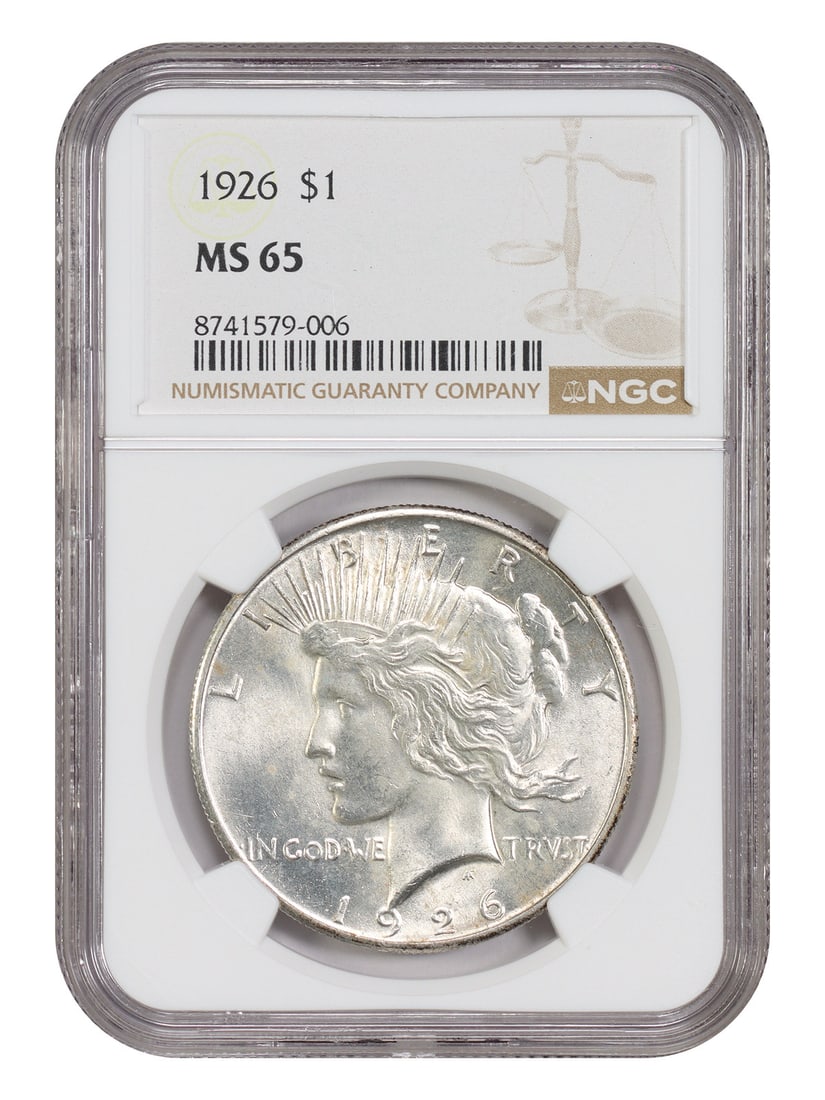 NGC MS65 1926 Peace Dollar $1 Philadelphia Mint: NGC MS65 1926 Peace Dollar $1 Philadelphia Mint 1926 Peace Dollar $1 graded MS65 by NGC. This uncirculated Philadelphia-mint coin is part of the Peace Dollar series and is identified as a slightly bet