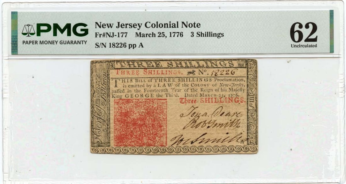 New Jersey 3 Shillings Colonial Currency Note March 25 1776 PMG Uncirculated 62: New Jersey 3 Shillings Colonial Currency Note March 25 1776 PMG Uncirculated 62 This is a 3 Shillings New Jersey Colonial Note dated March 25, 1776. The note has been certified by PMG with a grade of 