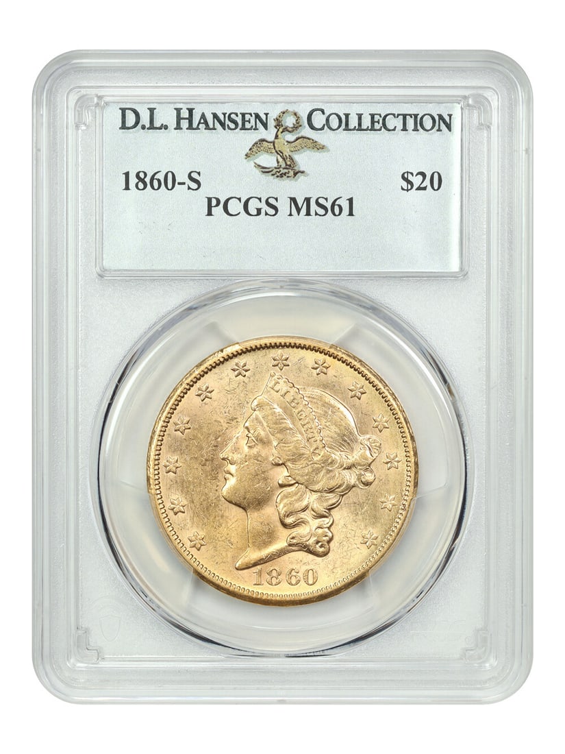 1860-S $20 Liberty Head Gold Coin PCGS MS61 Ex D.L. Hansen: 1860-S $20 Liberty Head Gold Coin PCGS MS61 Ex D.L. Hansen This stunning 1860-S $20 Liberty Head coin is certified by PCGS with a grade of MS61, showcasing its uncirculated condition. Struck at the Sa
