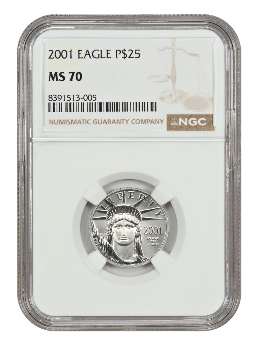 NGC MS70 2001 $25 Platinum Eagle 1/4 oz Bullion Coin: NGC MS70 2001 $25 Platinum Eagle 1/4 oz Bullion Coin 2001 $25 Statue of Liberty Platinum Eagle graded MS70 by NGC. This uncirculated bullion coin is a 1/4 ounce platinum issue from the Platinum Eagles
